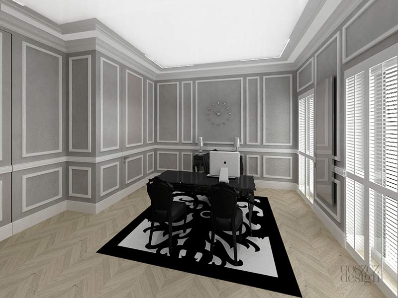 Współczesne wnętrze i klasyczny detal - nietypowe połączenie we wnętrzu biura wg projektu Goszczdesign